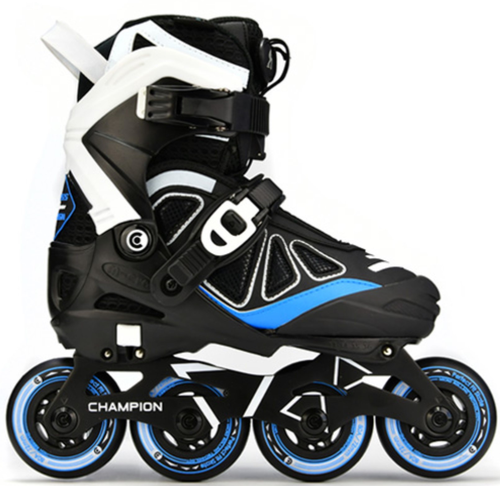Micro Champion inline skate for kids adjustable in size in colours black blue and white with 76 mm wheels in side view